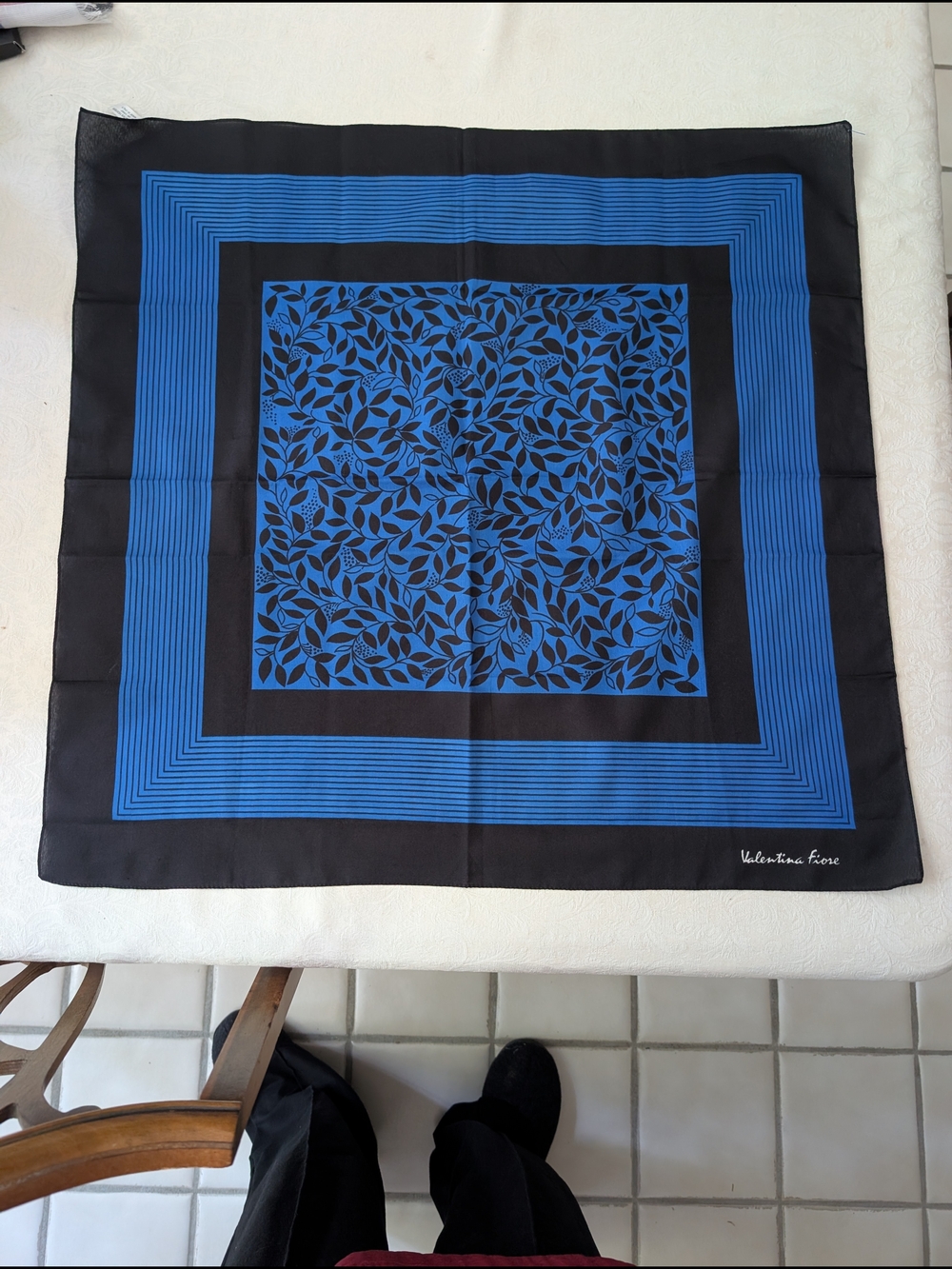 Valentina Fiore Womens Square Scarf Floral Black Blue Satin Polyester Italy